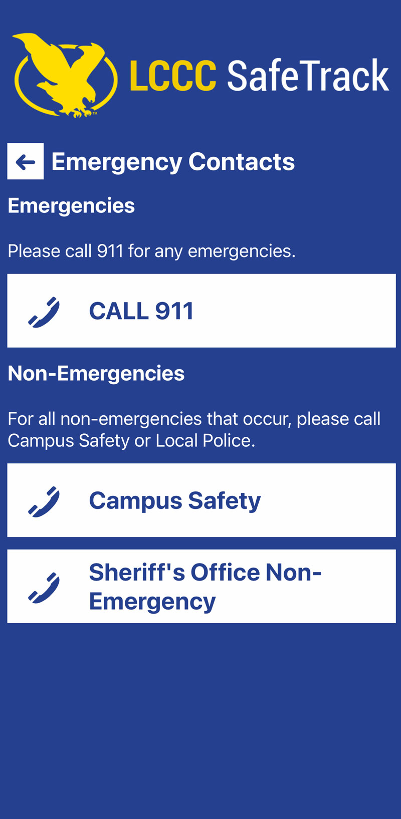 Screenshot of app with Emergency Contacts page showing