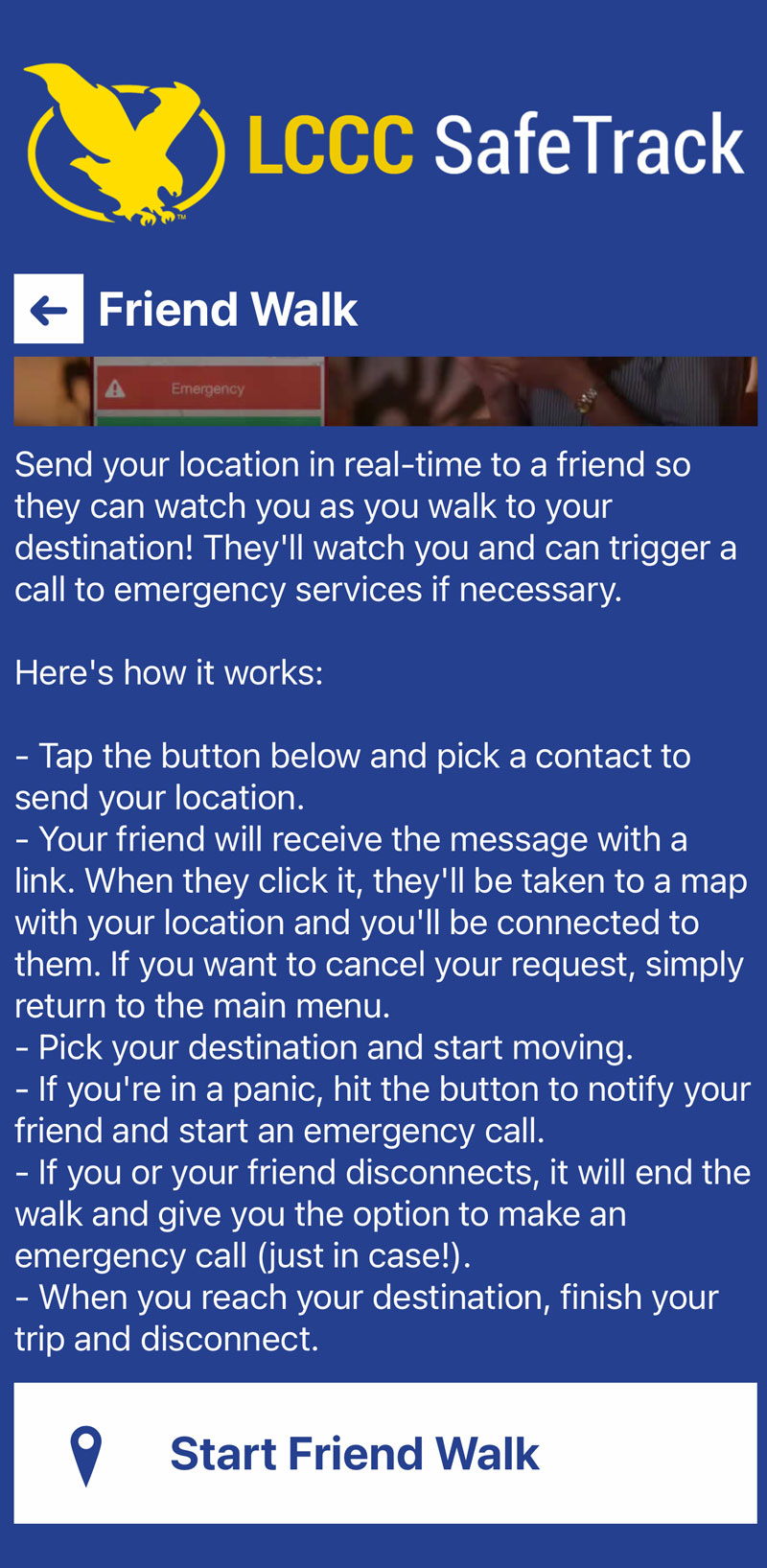 Screenshot of app with Mobile Friend Walk page showing