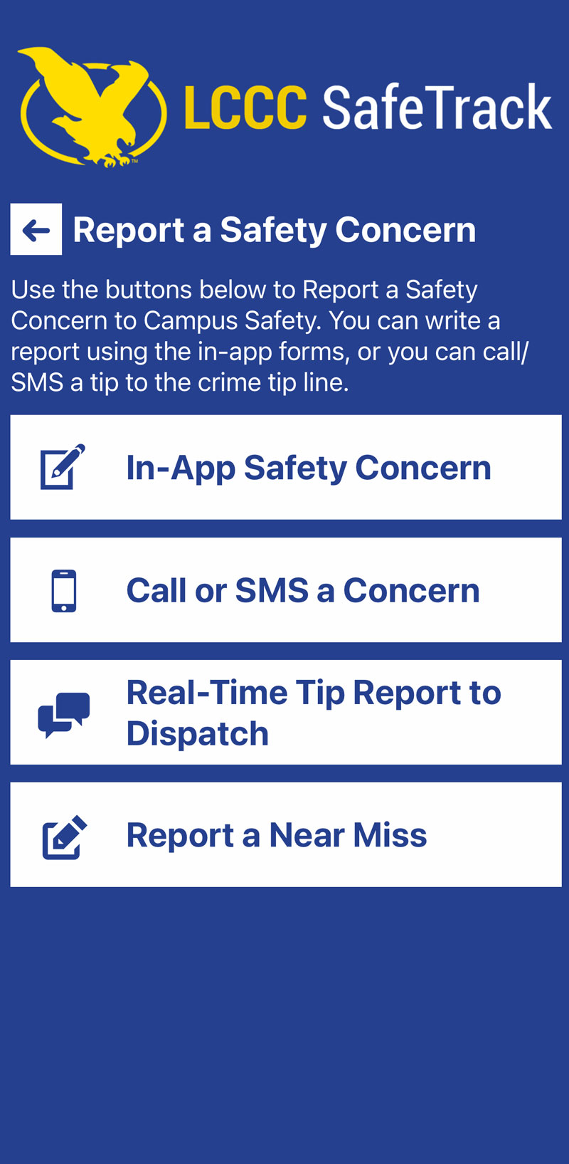 Screenshot of app with Report a Safety Concern page showing