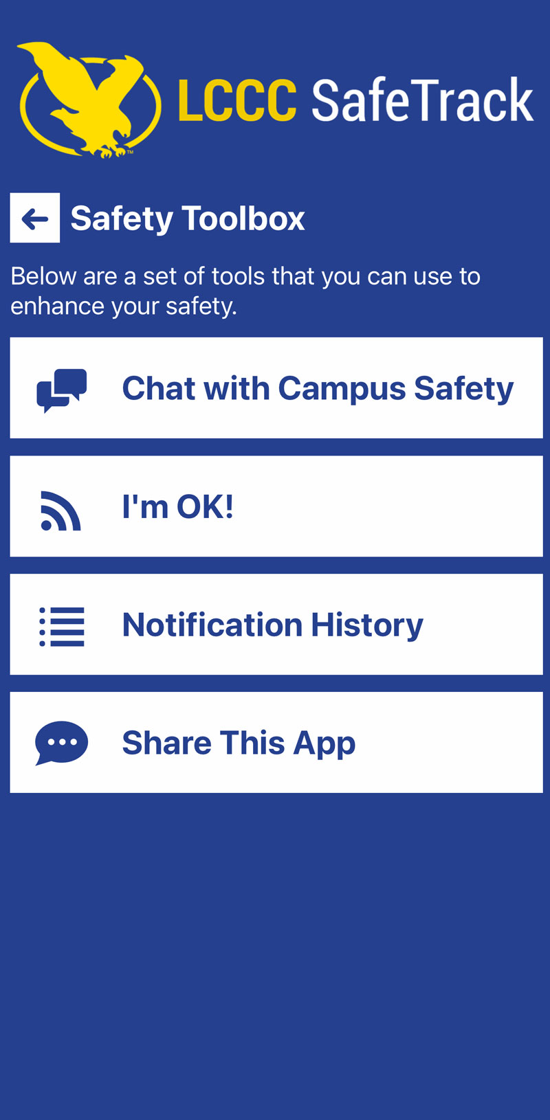 Screenshot of app with Safety Toolbox page showing