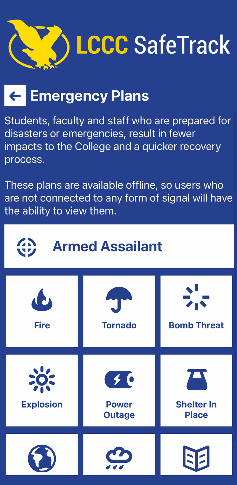 Screenshot of app with Emergency Plans page showing