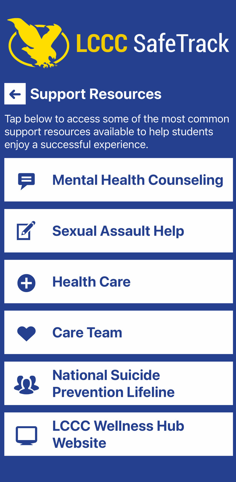 Screenshot of app with Support Resources page showing
