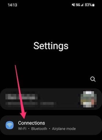 Android screenshot of settings with Connections and WiFi