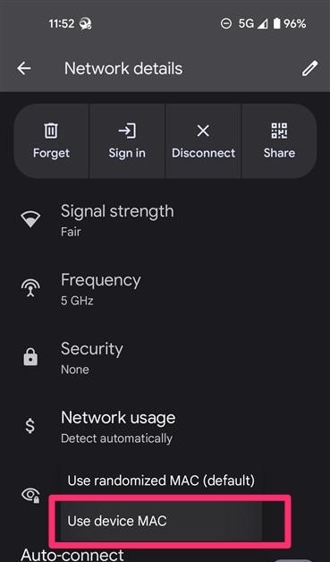 Android settings with LCCC_Wireless privacy - Use device MAC selected