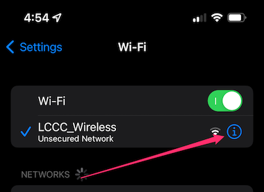IOS settings for LCCC_Wireless with more info icon highlighted