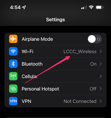 IOS settings with wifi highlighted for LCCC_Wireless
