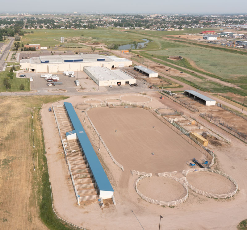 drone view of the ag facility showing the outdoor stalls and arena
