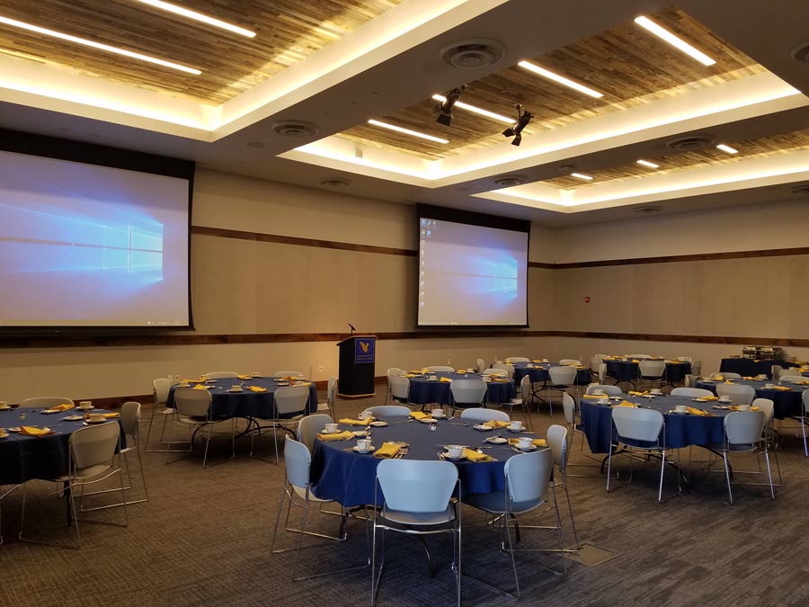 ANB Bank Leadership Center set up with tables and AV