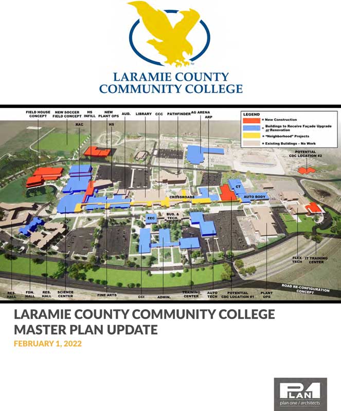 Laramie County Community College Master Plan cover with a campus map pointing out buildings to be updates