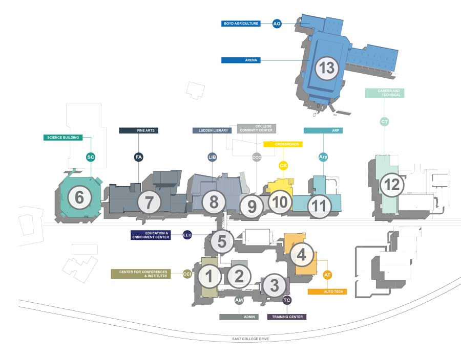 map of the campus with the buildings marked for the exterior renewal plan order they will be updated.