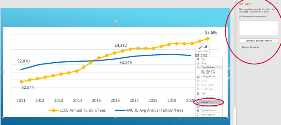screen shot in Powerpoint of adding alt text by right clicking on the image, selecting edit alt text and the box to add the description in highlighted.