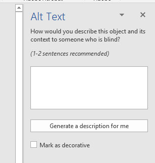 screen shot of the alt text box in Word where you type a description of an image in the document.