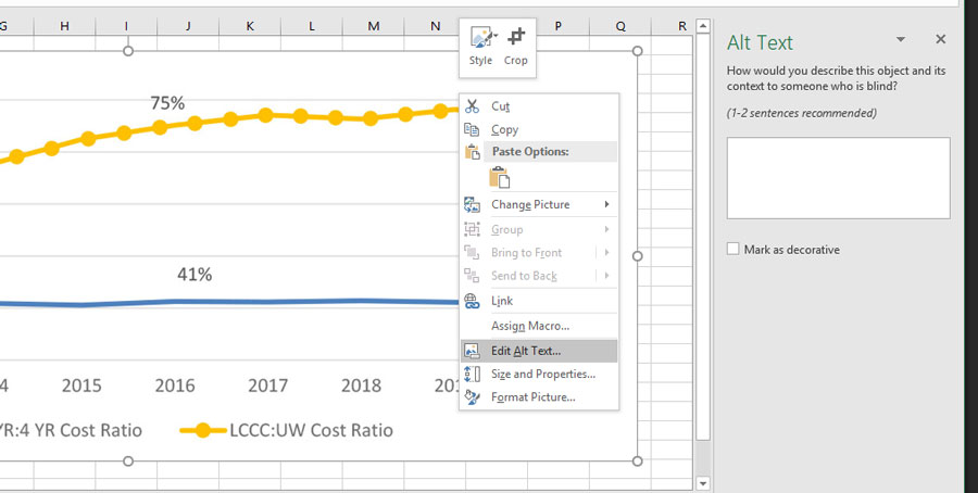 screen shot of Excel showing where to add alt text by right clicking on the image and the description