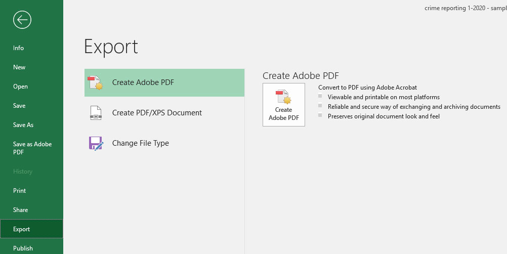 screen shot of excel's export option for creating accessible PDFs.