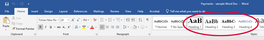 screenshot of the home ribbon in Word highlighting the Heading 1, Heading 2, Heading 3, Heading 4 tools