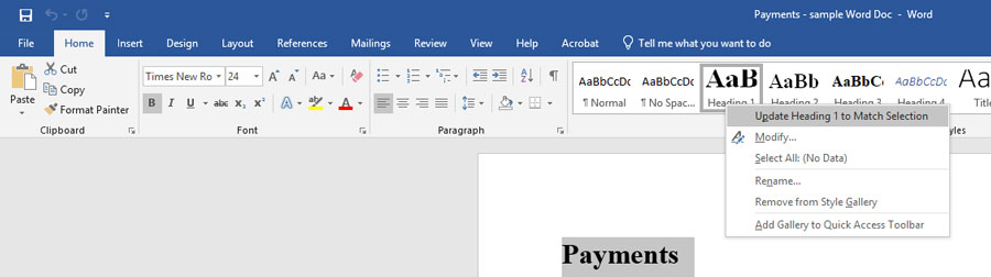 Home ribbon in Word with the feature to update heading 1 to match selection highlighted.