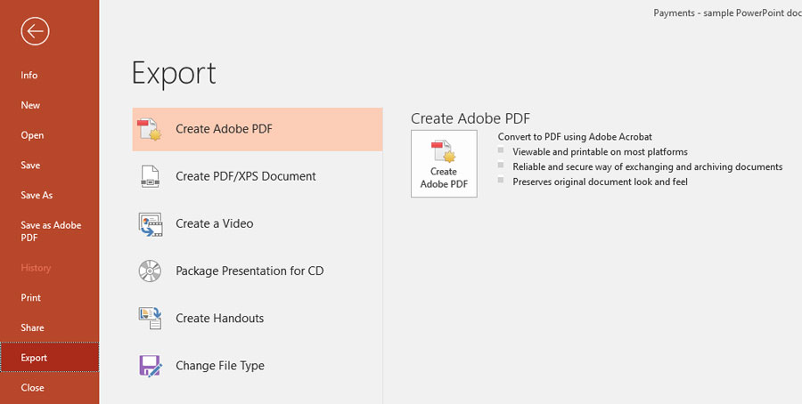 screen shot in Powerpoint of exporting the Powerpoint as a PDF