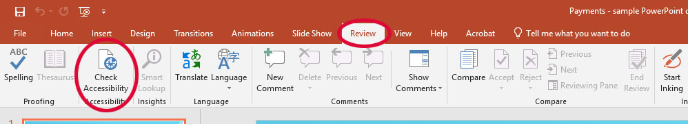 Screen shot of the Powerpoint Review ribbon with the check accessibility highlighted