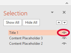 screen shot of selection pane with the eye symbol to hid information highlighted.