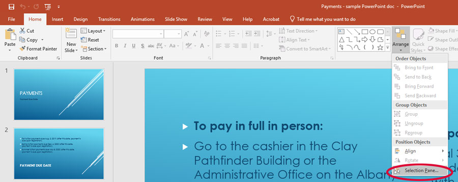 screen shot in Powerpoint of the home ribbon with the arrange and selection pane highlighted