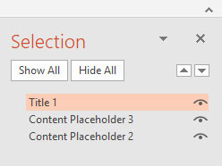 Screen shot of Powerpoint selection pane with the content in reading order, title then content placeholder