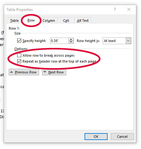 screen shot of the table properties box with the row tab selected and repeat as header row selected.