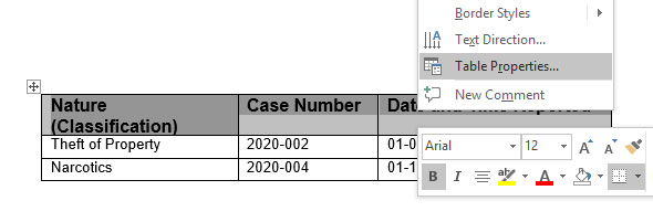 screen shot of right-clicking on header row of table and selecting Table Properties