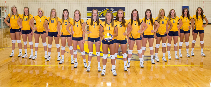 Volleyball team posing infront of net