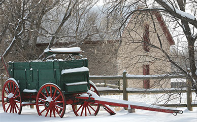 A wooden wagon covered in snow surrounded by trees