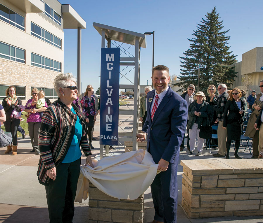 Mary McIlvaine and Dr. Joe Schaffer celebrate the unveiling of McIlvaine Plaza, just south of the Clay Pathfinder Building. The area is named after Mary and her husband, George, who passed away in 2015. The open area is a campus gathering spot and will be a featured location in the college’s upcoming 50th anniversary celebration.