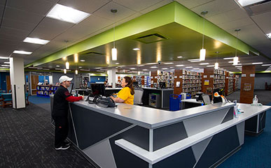 front desk in the newly renovated Ludden Library