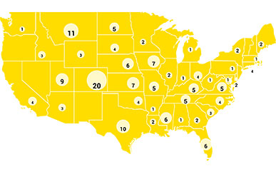 US map with dots and numbers of student athletes who have gone to 4-year colleges after LCCC (data is in the article text)