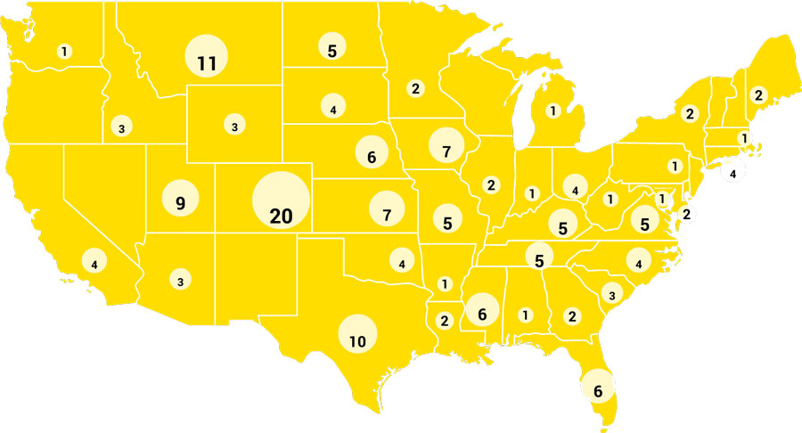 US map with dots and numbers of student athletes who have gone to 4-year colleges after LCCC (data is in the article text)