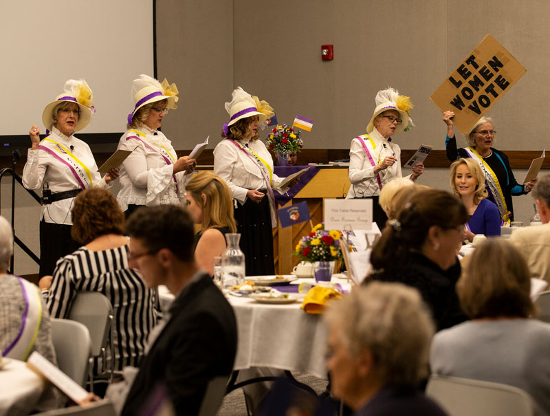 The League of Her Own Players perform Wild West Woos Wonderful Women Voters during the 150th Anniversary of Women’s Suffrage Celebration at the ANB Bank Leadership Center in the Clay Pathfinder Building last fall.