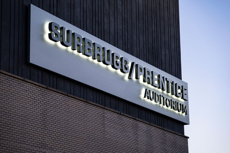 lighted sign for the new Surbrugg Prentice Auditorium
