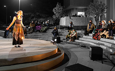 student actress on the outdoor stage on LCCC's campus performing Shakespeare