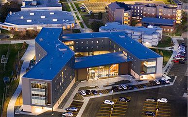 Drone view of campus and the new residence hall