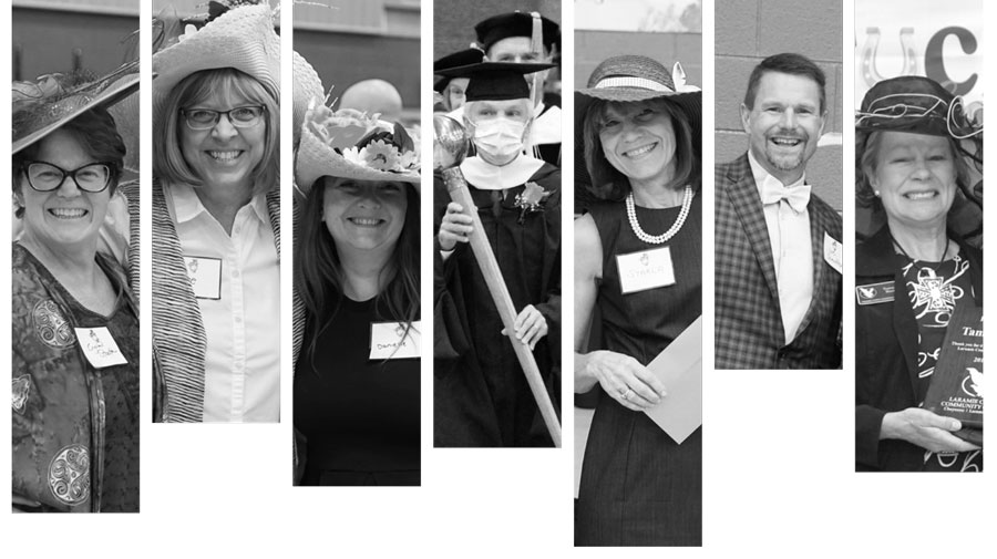 multiple photos of LCCC employees in skinny rectangles lined up in a row. The photos were taken during the employee recognition event when people were dressed up with fancy hats. Employees include Crystal Stratton, Sue Torney, Danielle Opp, Dave Zwonitzer, Starla Mason, Joe Schaffer, Tammy Maas.
