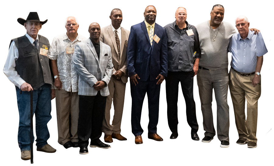 cutout photo of the Hall of Fame members: Russell "Pinky" Walters Rodeo Coach, Chip Halverson basketball Team Manager, Steve Ware 86-87 basketball team, Jarrod Borum 86-87 basketball team, Andre Eddins 86-87 basketball team, Steve Saunders 86-87 basketball team, James Dailey 86-87 basketball team, Woody Halverson 86-87 basketball head coach