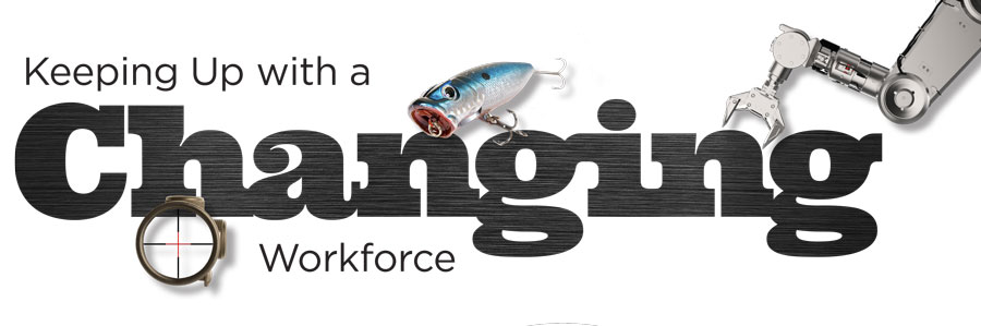 Graphic that states: Keeping up with a changing workforce with a scope, fishing lure and robotic arm.