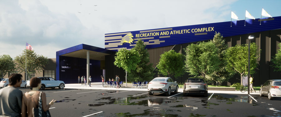 illustration of the front of the RAC building after the renovation with cars and people in the parking lot in front of new building fascade.