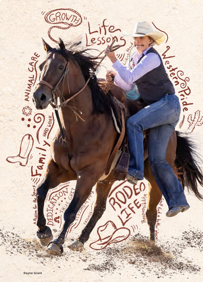 Photo of Rayne Grant riding her horse with words related to rodeo written around her