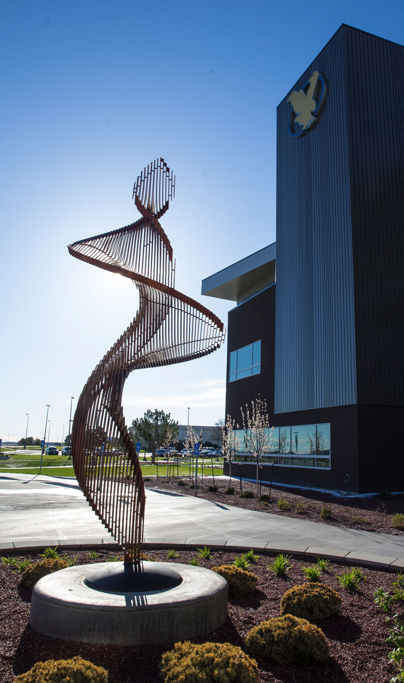 sculpture in front of the Clay Pathfinder building on the LCCC campus