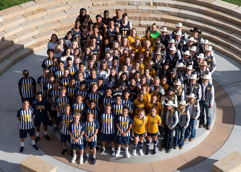 Group photo of all the LCCC student athletes together in LCCC plaza. They are all wearing their sport uniforms.