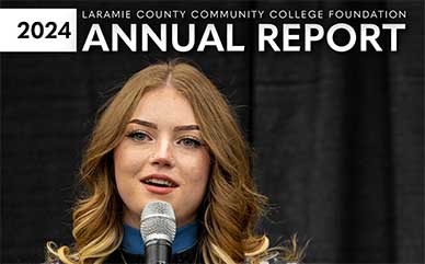 Laramie County Community College Foundation annual report 2024 cover with a student speaking into a microphone