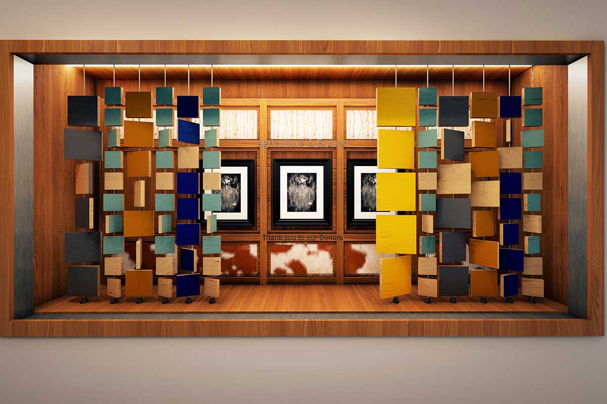 A 3D rendering straight on of the Ag & Equine wall with donor names. It's inset in a display case area with pictures behind and colored blocks on poles in front.
