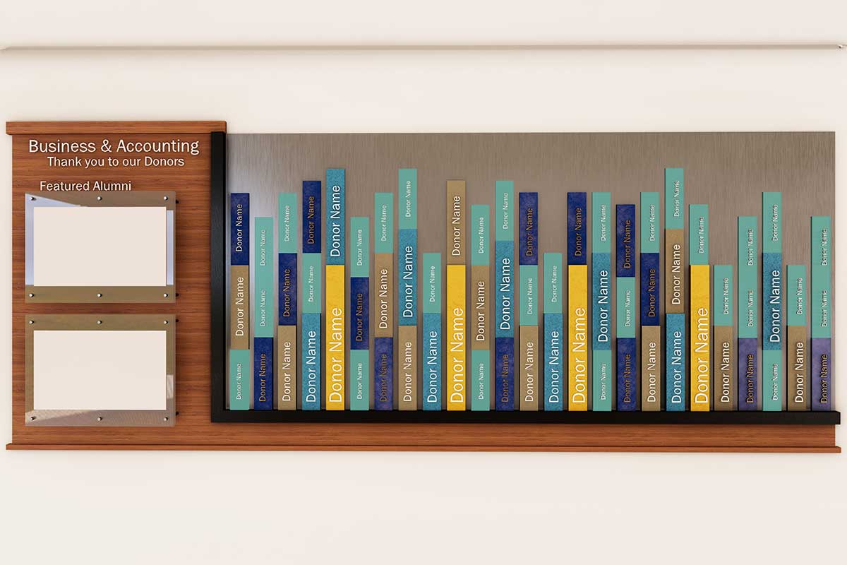 A 3D rendering straight on of the Business & Accounting Donor Wall with wood on the left and donor names stacked vertically on a metal portion in varying sizes.