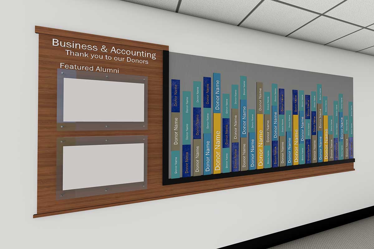A 3D rendering at an angle of the Business & Accounting Donor Wall with wood on the left and donor names stacked vertically on a metal portion in varying sizes.