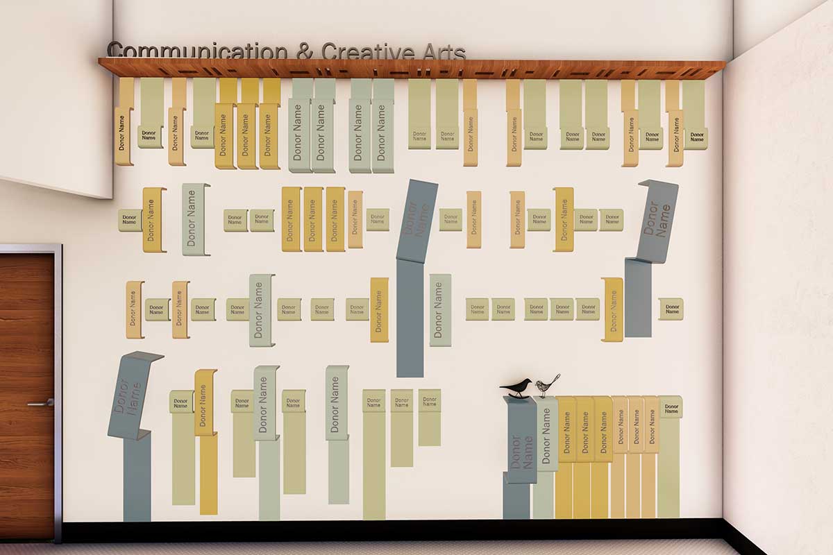 A 3D rendering straight on of the Communication & Creative Arts Pathway Donor Wall with vertical donor names that come out from the wall with a wood shelf along the top with the Pathway name.