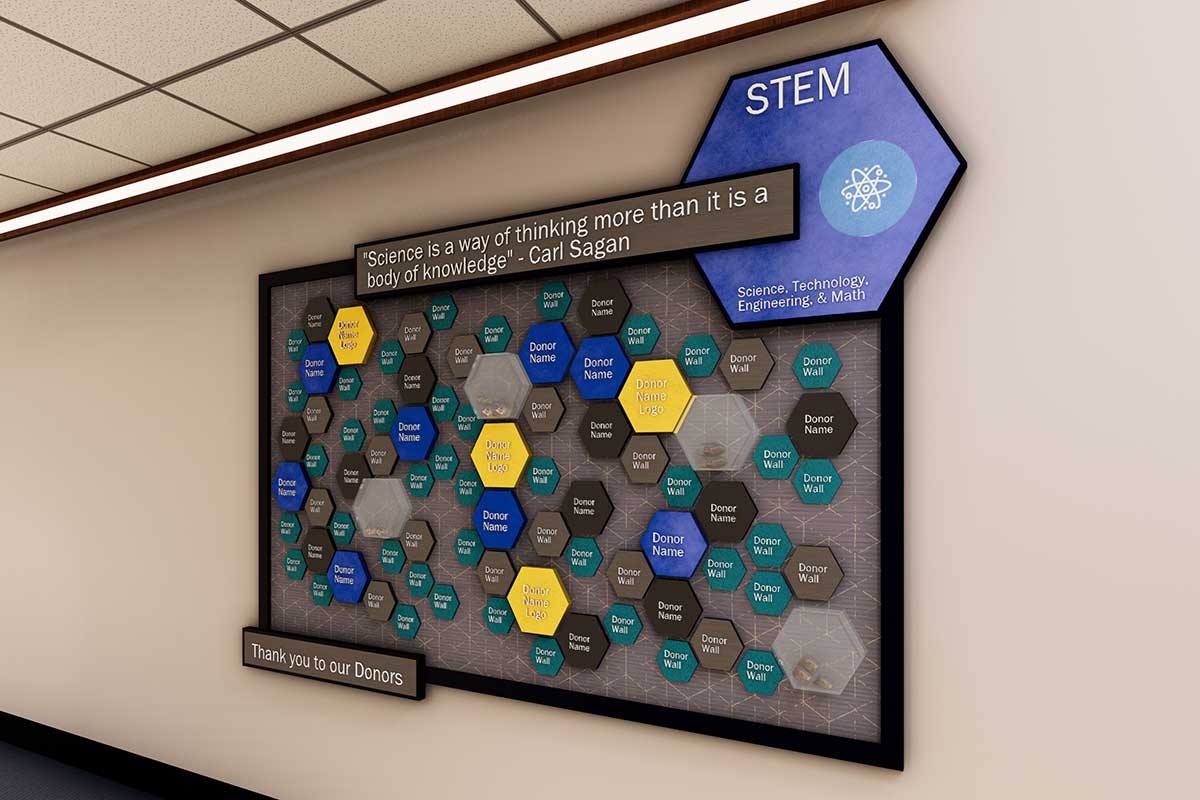 A 3D rendering at an angle of the STEM pathway donor wall with hexagons in different sizes with donor names on them.